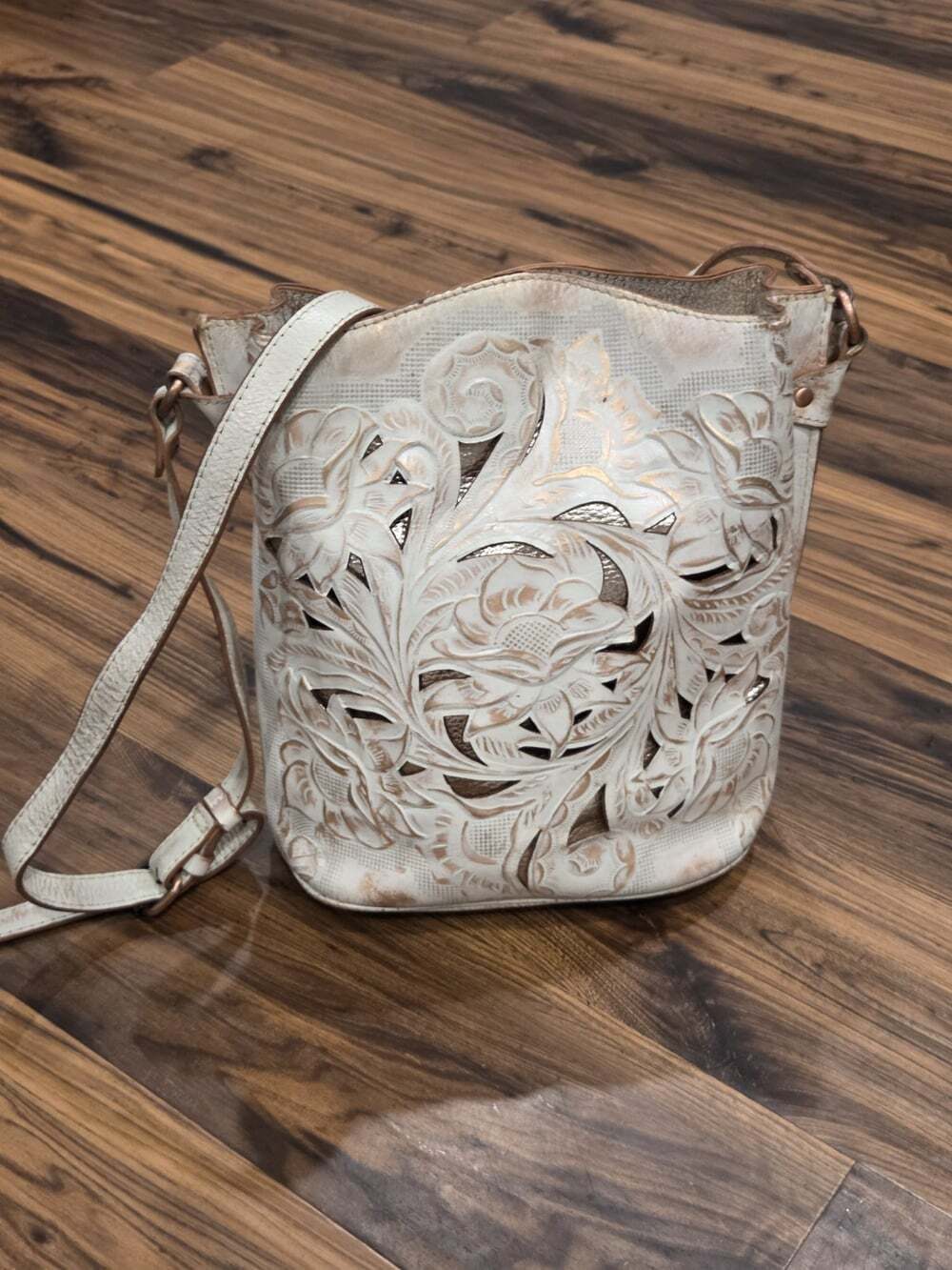 Patricia Nash Italian Leather Floral Cut-Out Bucket Bag Metallic Underlay